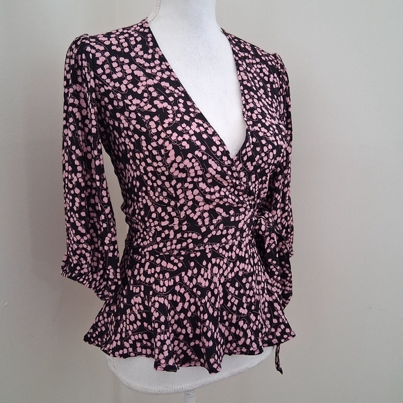 Ganni Floral Flounce Pink and Black Wrap Blouse Size 32, U.S XS - Picture 2 of 10